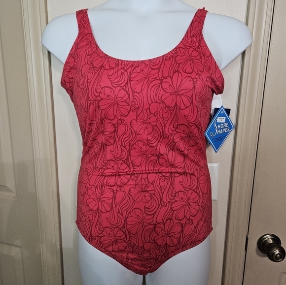 #318 Shore Shapes - Coral Swimsuit w floral design Size: 18W - Picture 1 of 9